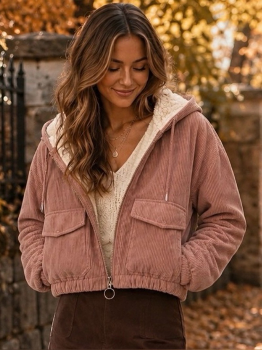 Sherpa Lined Cropped Corduroy Bomber Jacket